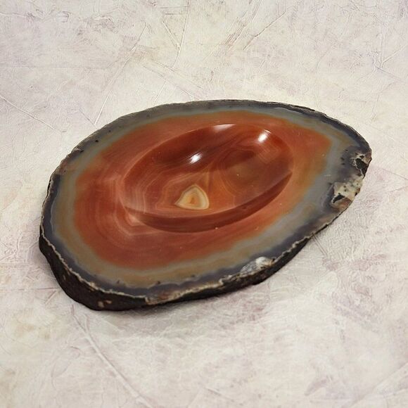 Vintage Slice Agate Brown Swirl Trinket Soap Dish Ashtray Dish 1970s - Picture 1 of 8
